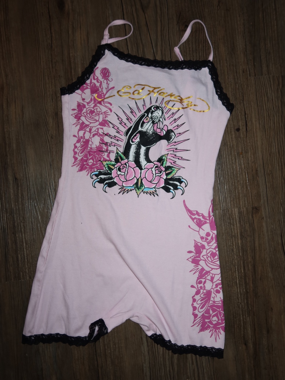 Ed Hardy Pink Floral Skull Lace-Trim Ribbed Romper